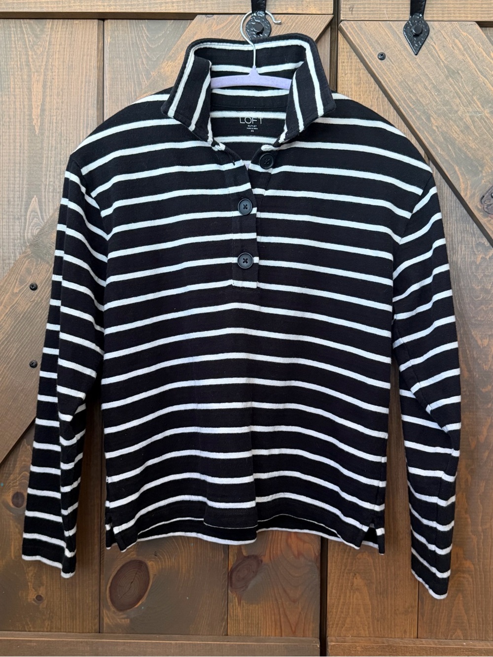 LOFT Women’s Black & White Striped Button-Up Collar Top